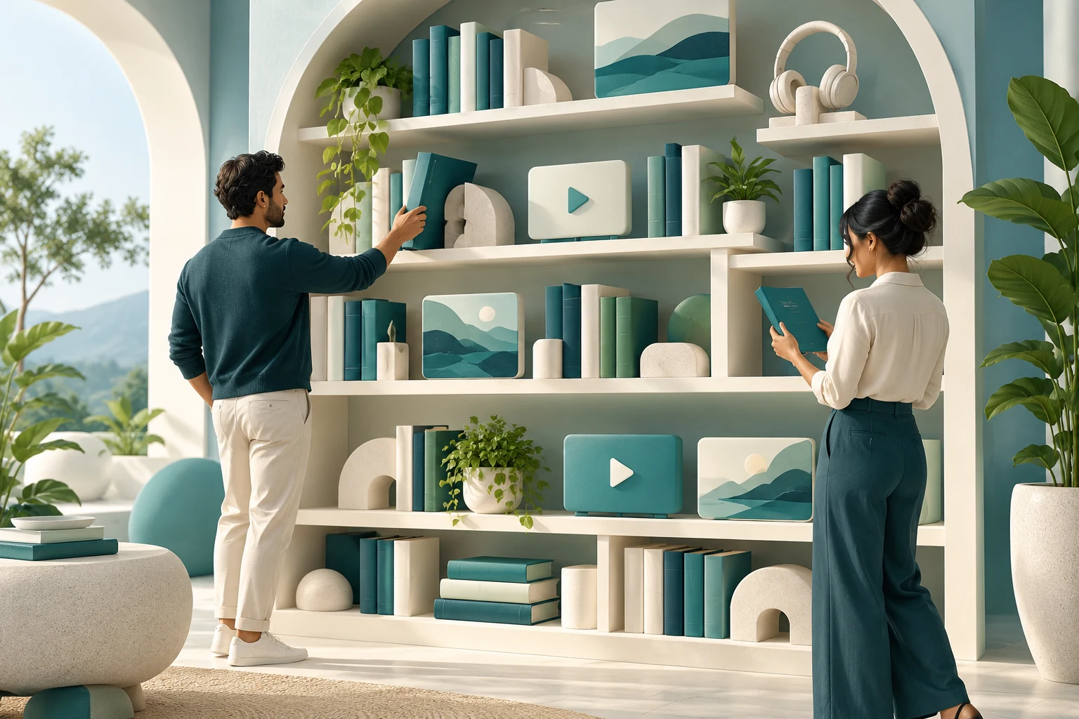 Illustration of members exploring books, recordings and educational resources.